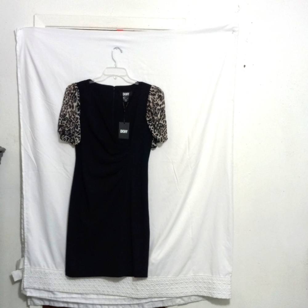 DKNY Scuba crepe chiffon side Ruched Dress.